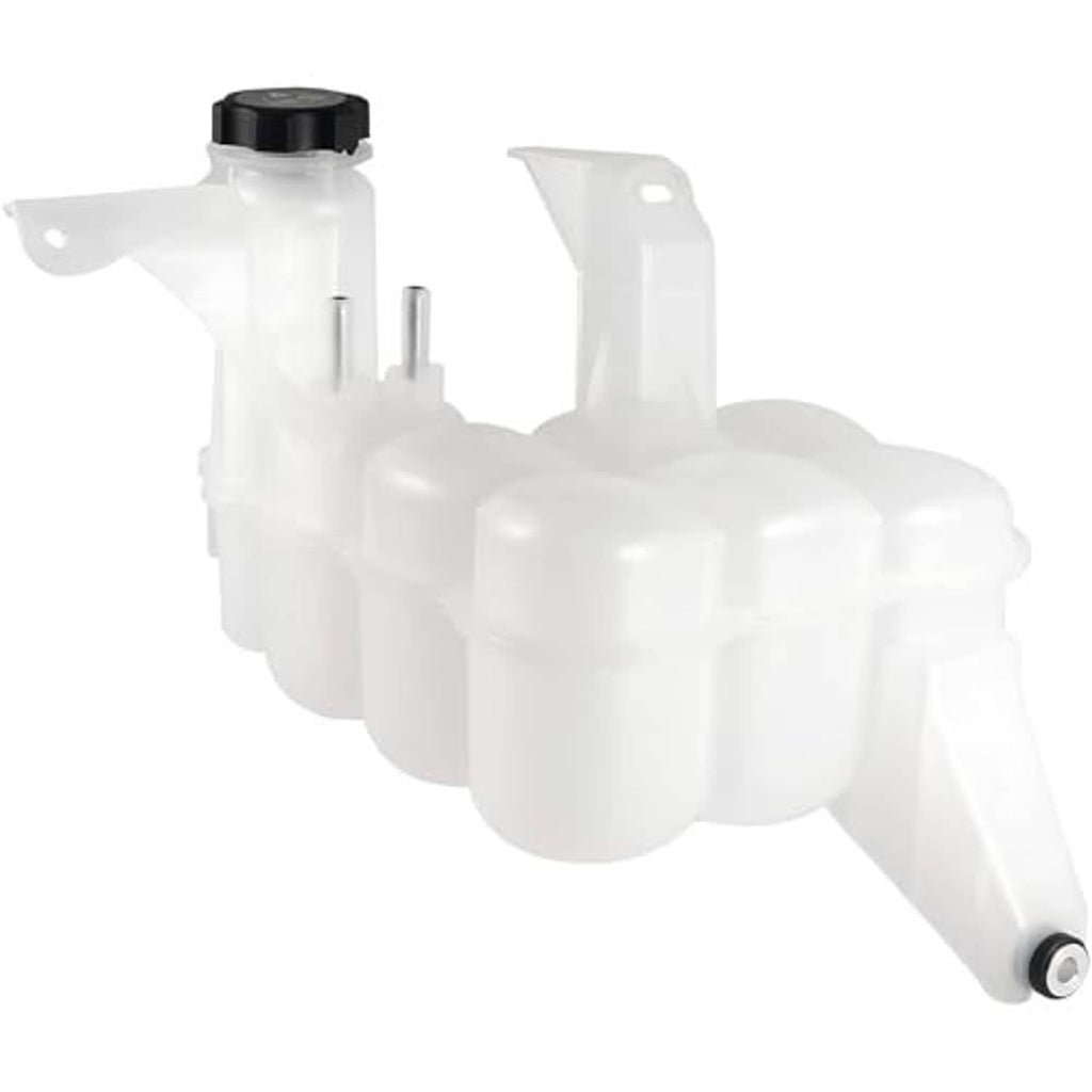 White coolant reservoir tank with black fill cap and side mounting bracket
