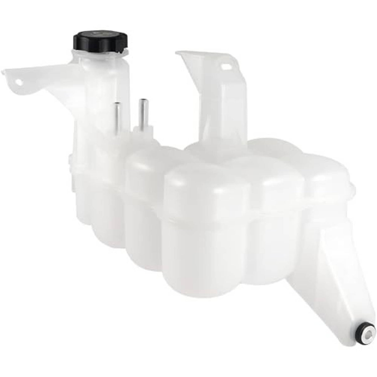 White coolant reservoir tank with black fill cap and side mounting bracket
