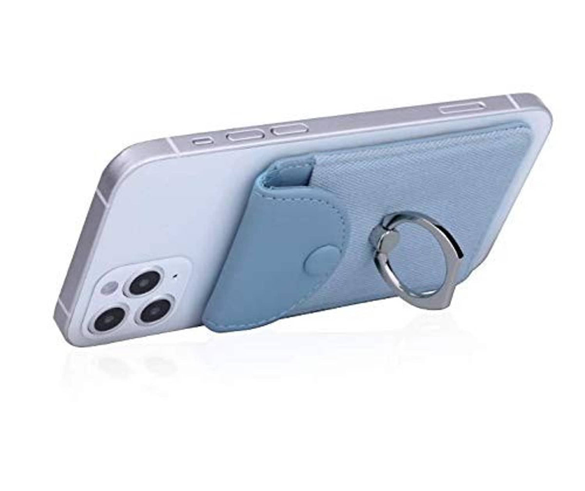 Light blue phone card holder with flap pocket and ring stand, side view.