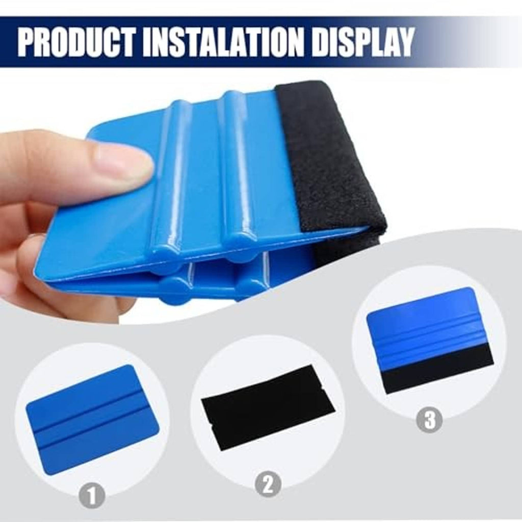Mini felt edge squeegee held by hand, blue plastic scraper with black felt pad