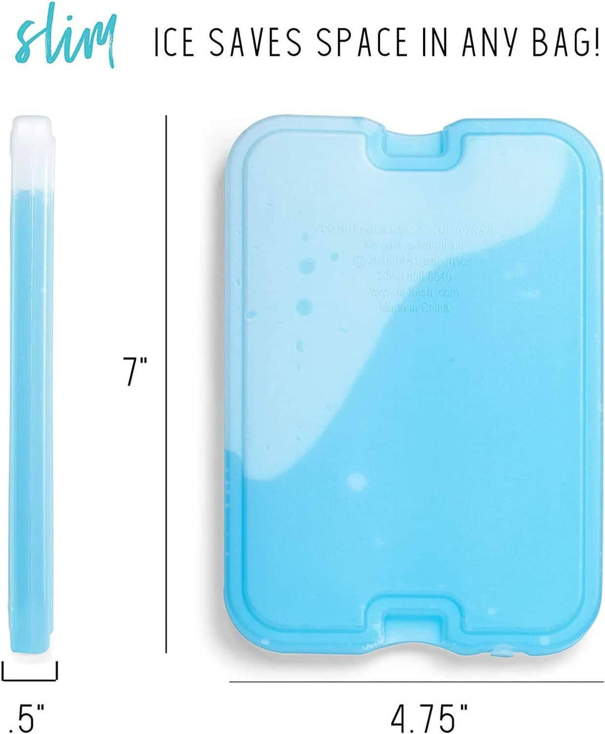 Single slim blue ice pack with molded handle edges; height and width measurement shown