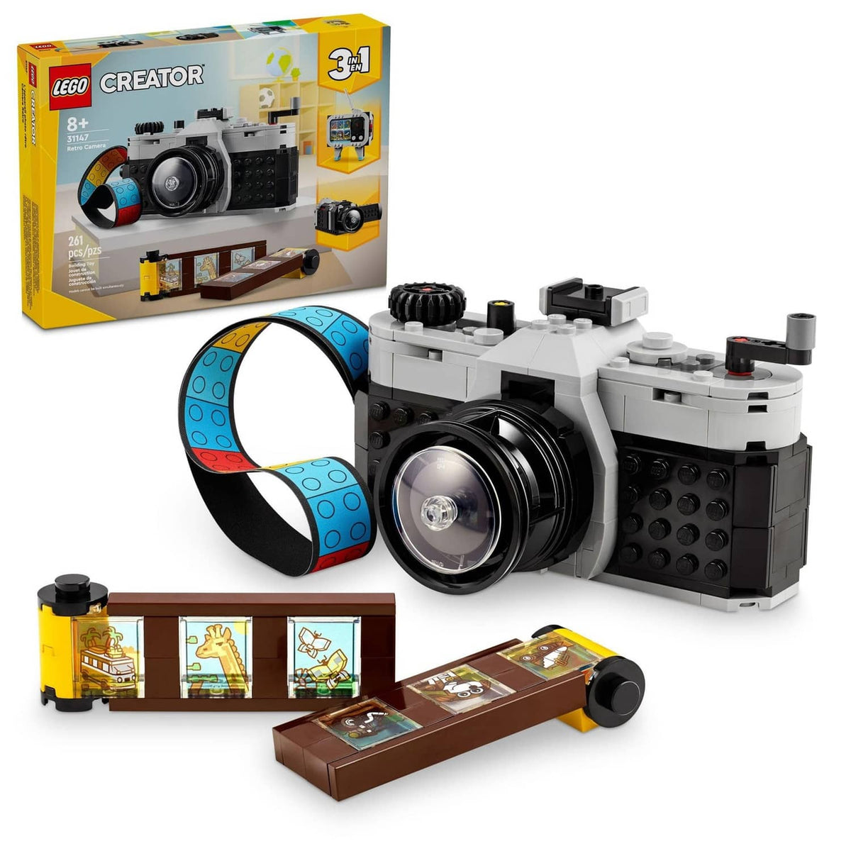 LEGO Creator retro camera toy with multicolor strap and set box