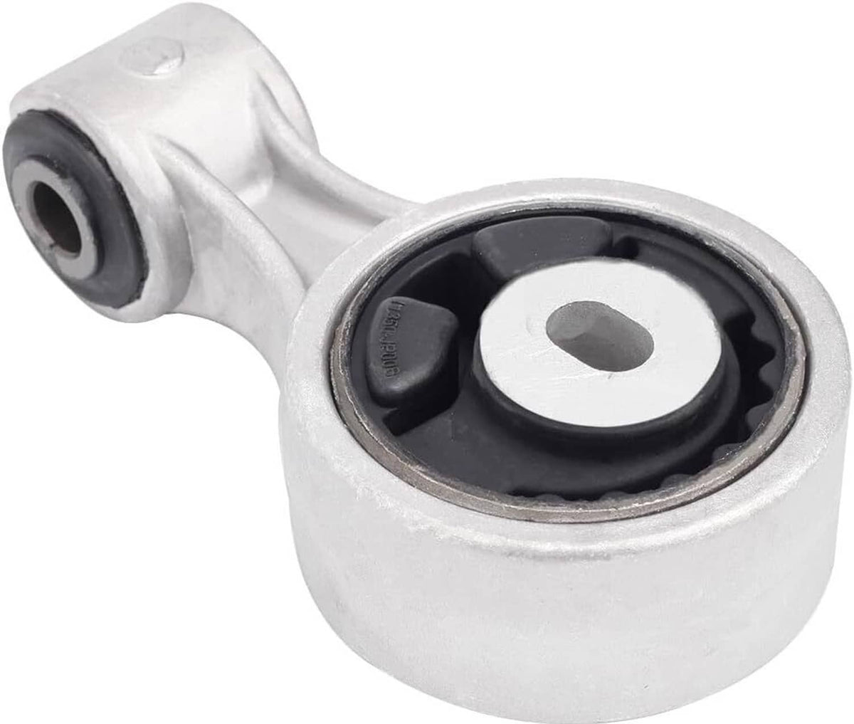 Front engine torque strut mount with curved bracket and centered rubber bushing