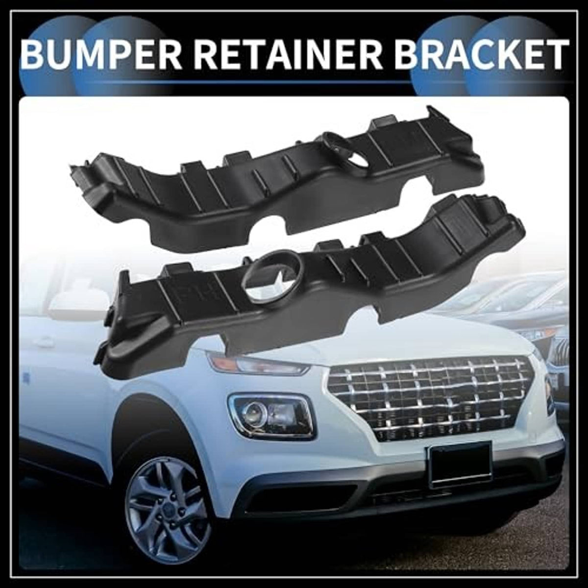 Black bumper retainer bracket, long bar design with cutouts and round hole