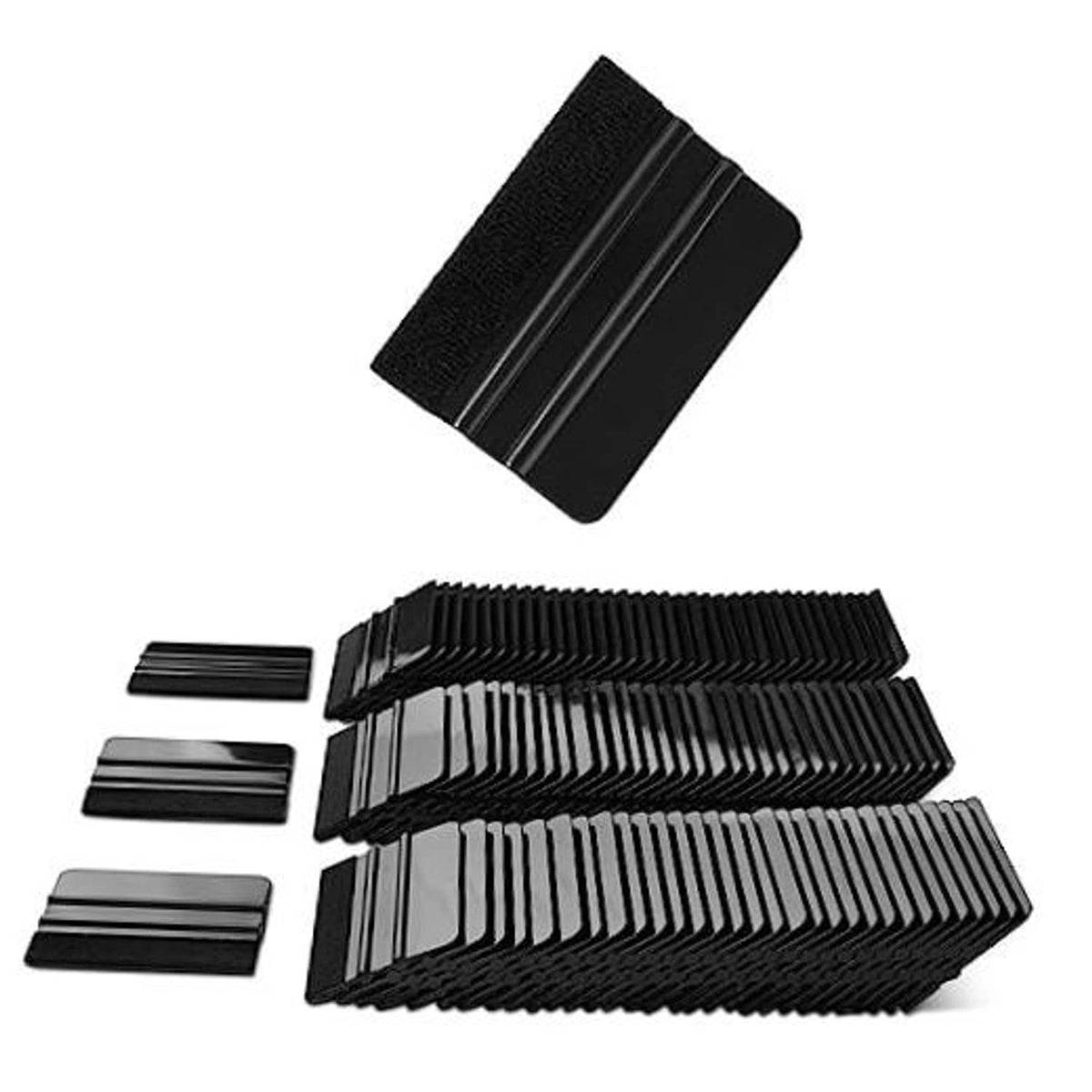 Black felt squeegee with flexible plastic scraper edge for vinyl smoothing.