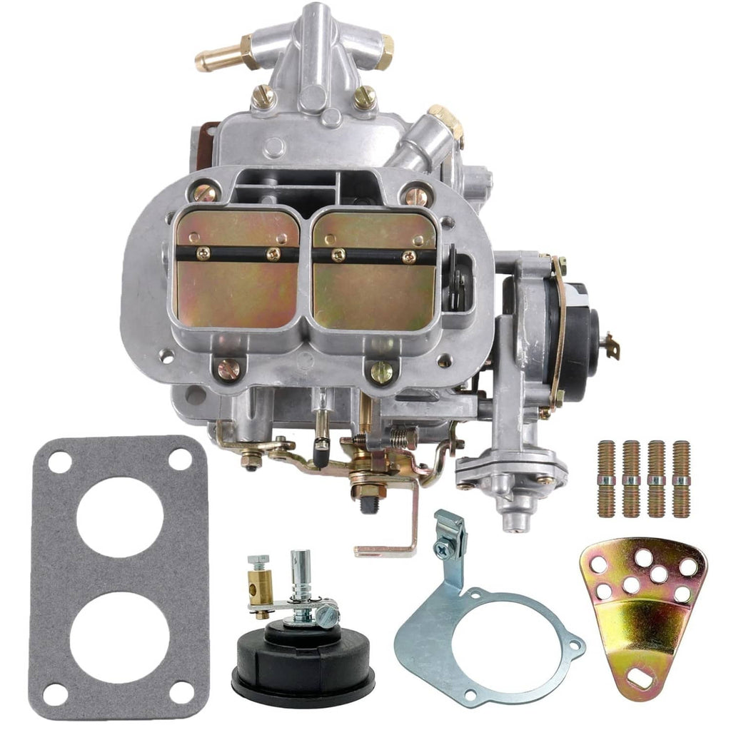 2-barrel carburetor with throttle bores, fuel inlet fittings, and mounting gasket kit