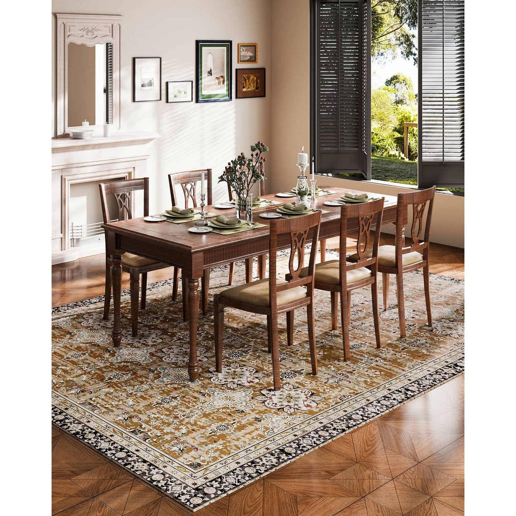 Vintage area rug with distressed pattern and dark edge trim in brown, beige, teal