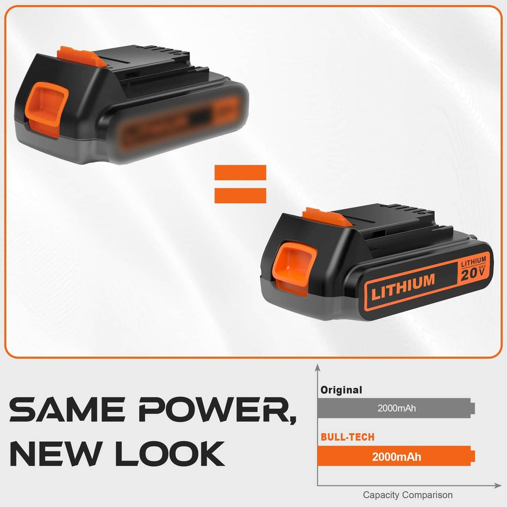 Black and orange 20V lithium battery pack, side view with orange latch