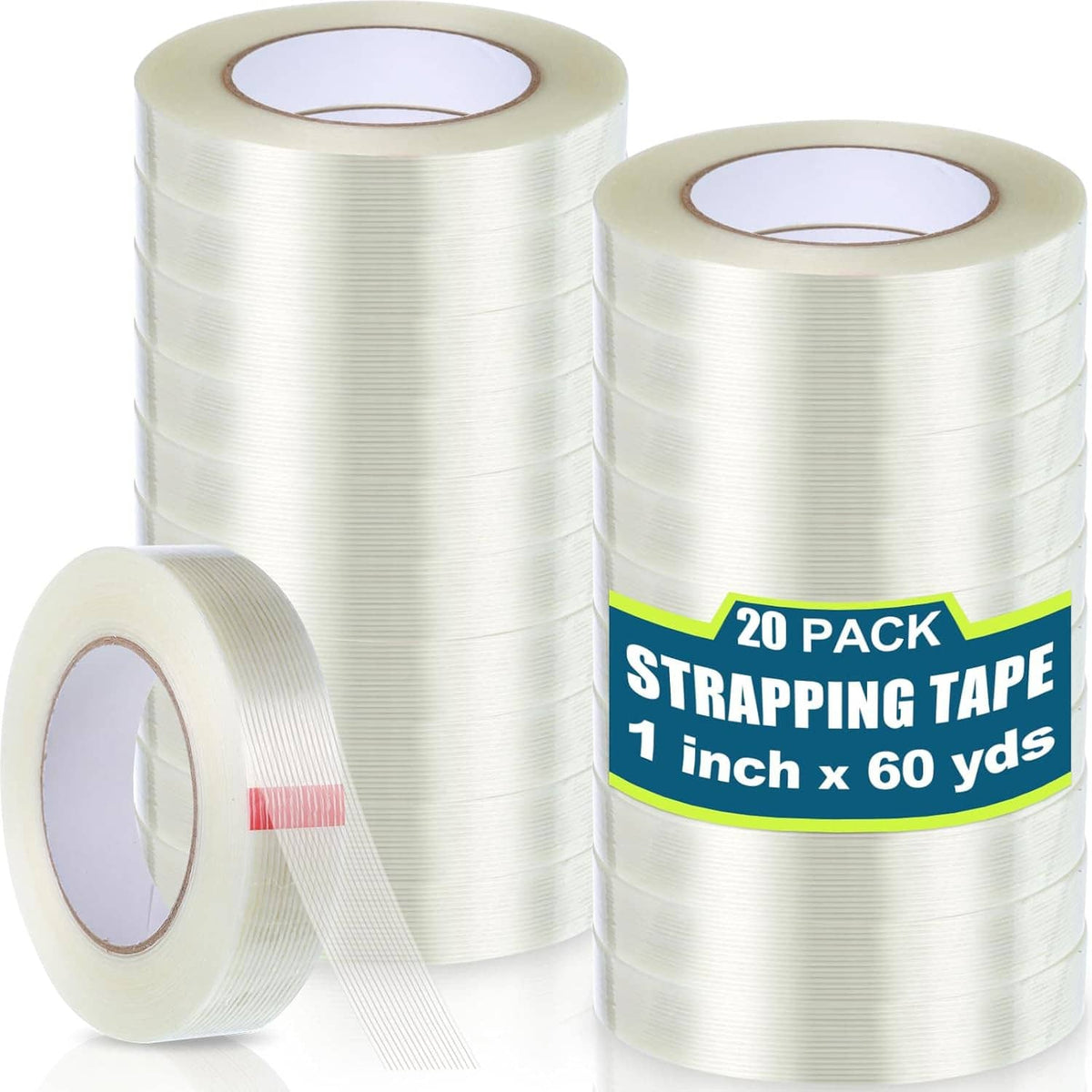Reinforced filament strapping tape rolls, translucent 1-inch x 60-yd, 20-pack