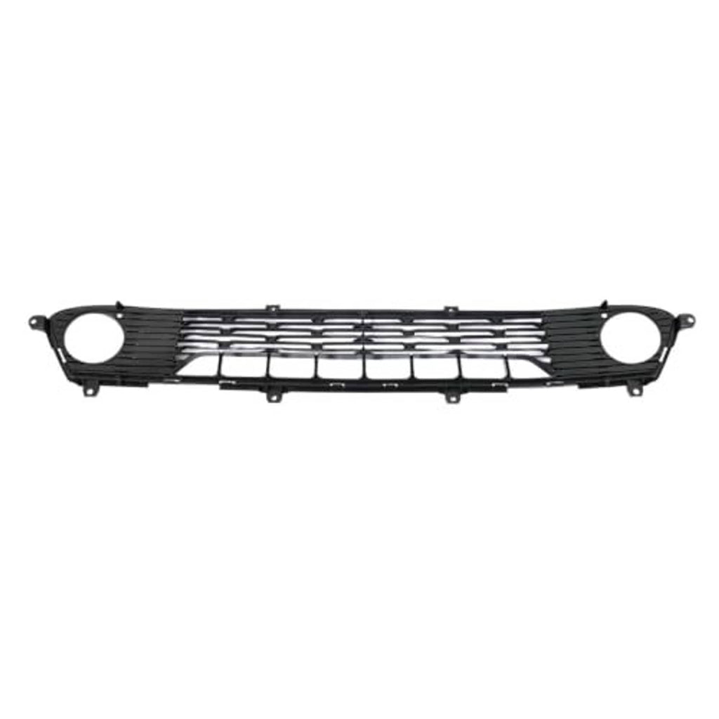Front bumper lower grille, black bar grille with center slats and two round side openings