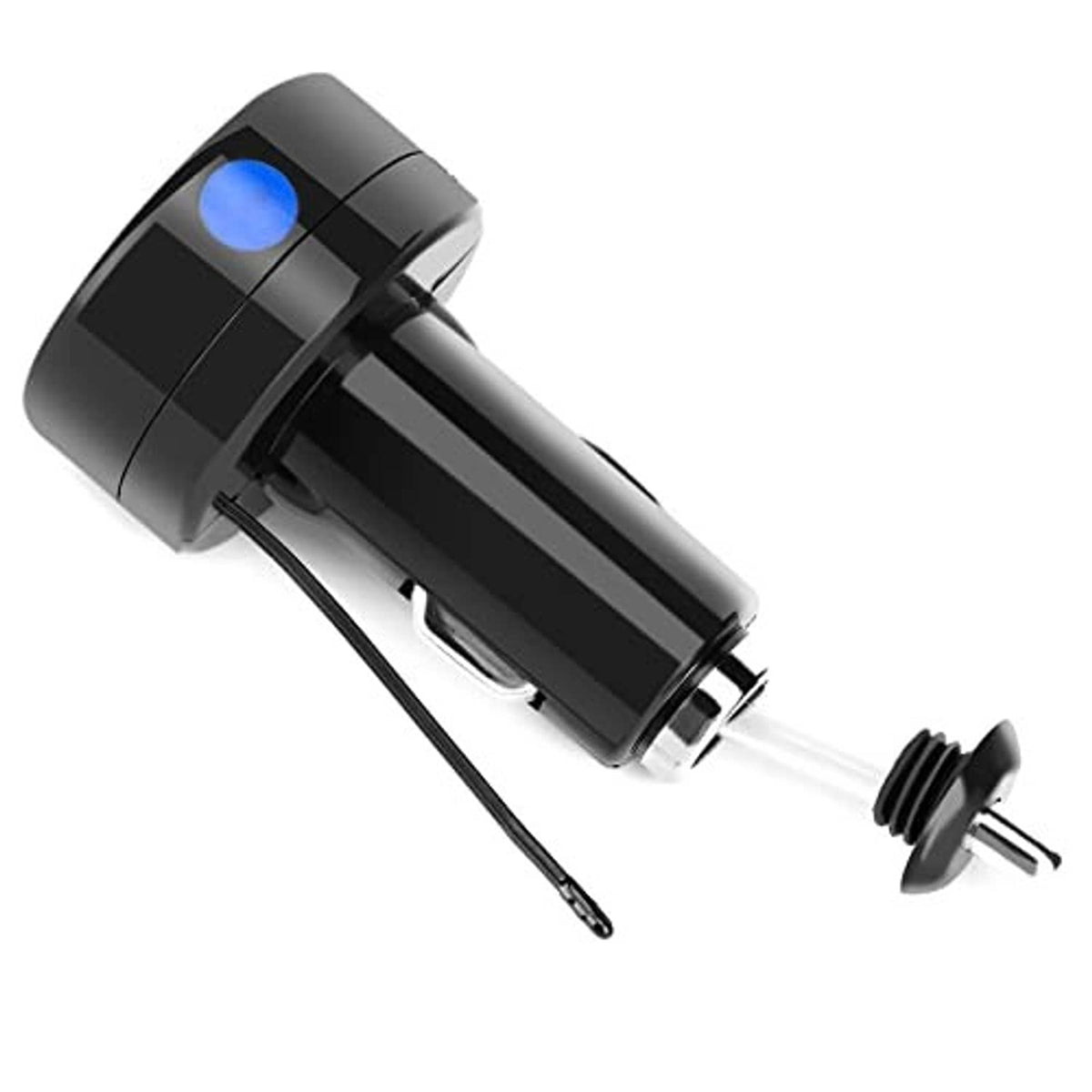 Black car USB charger monitor side view with prongs and blue top indicator