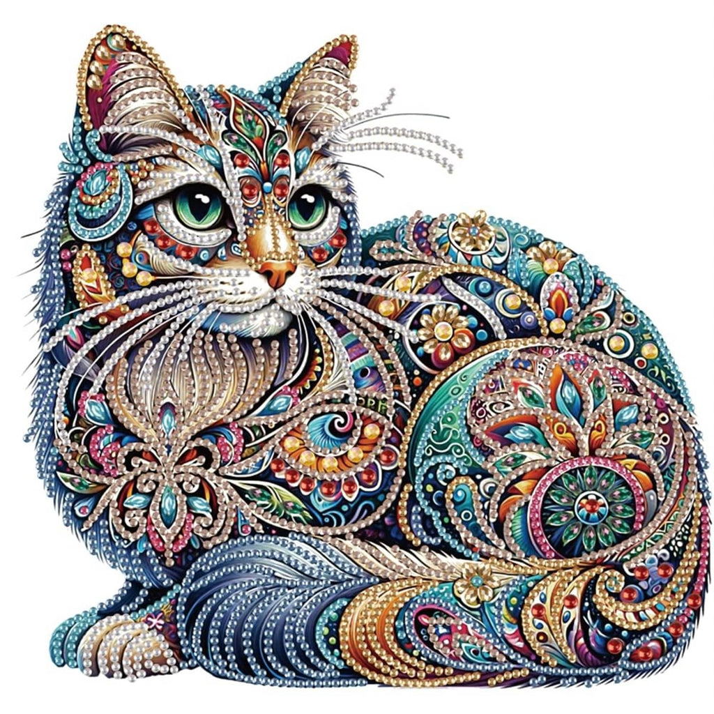Multicolor diamond art cat canvas with sparkling rhinestone-style gem pattern and ornate details