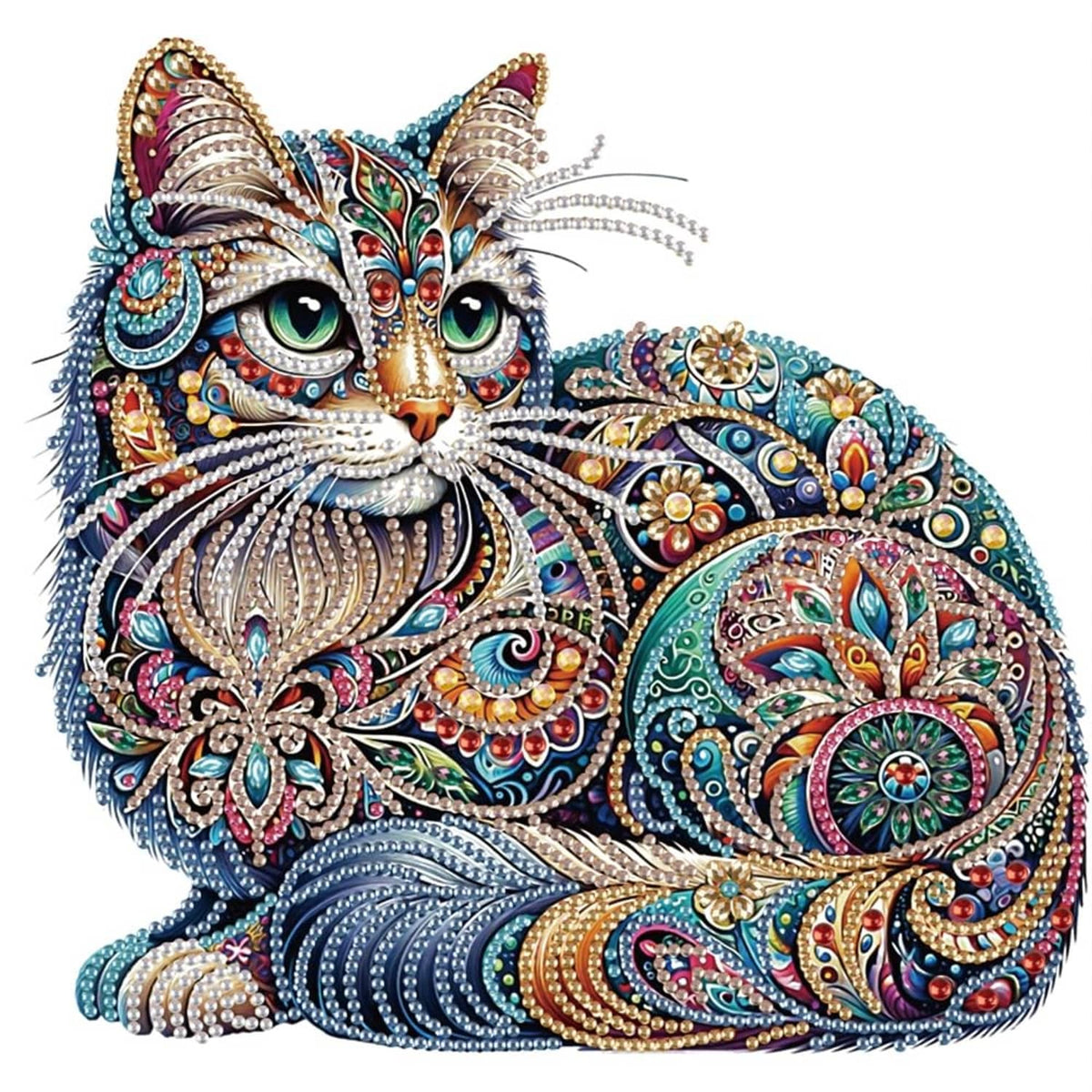 Multicolor diamond art cat canvas with sparkling rhinestone-style gem pattern and ornate details