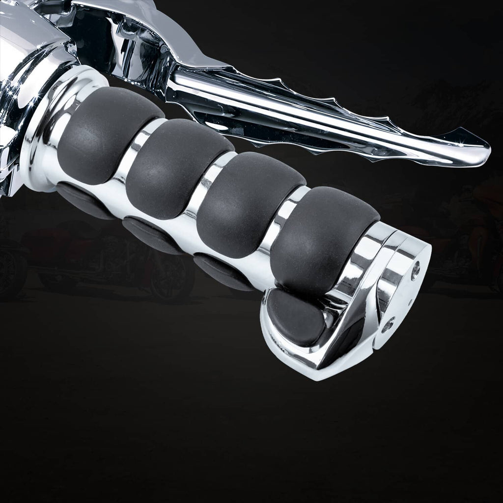 Close-up of handlebar grips, black rubber pads with chrome trim and lever end