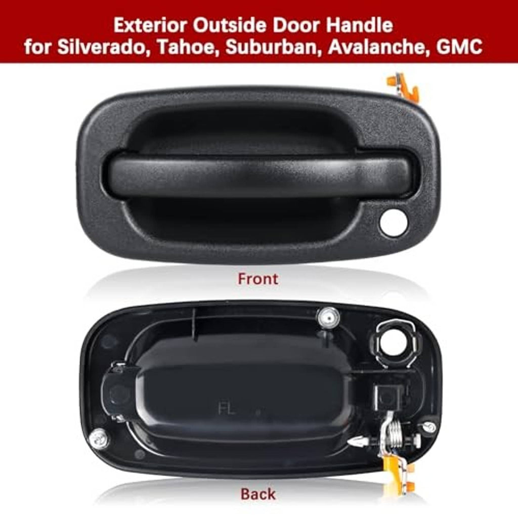 Front exterior door handle with textured black lever; rear underside assembly visible
