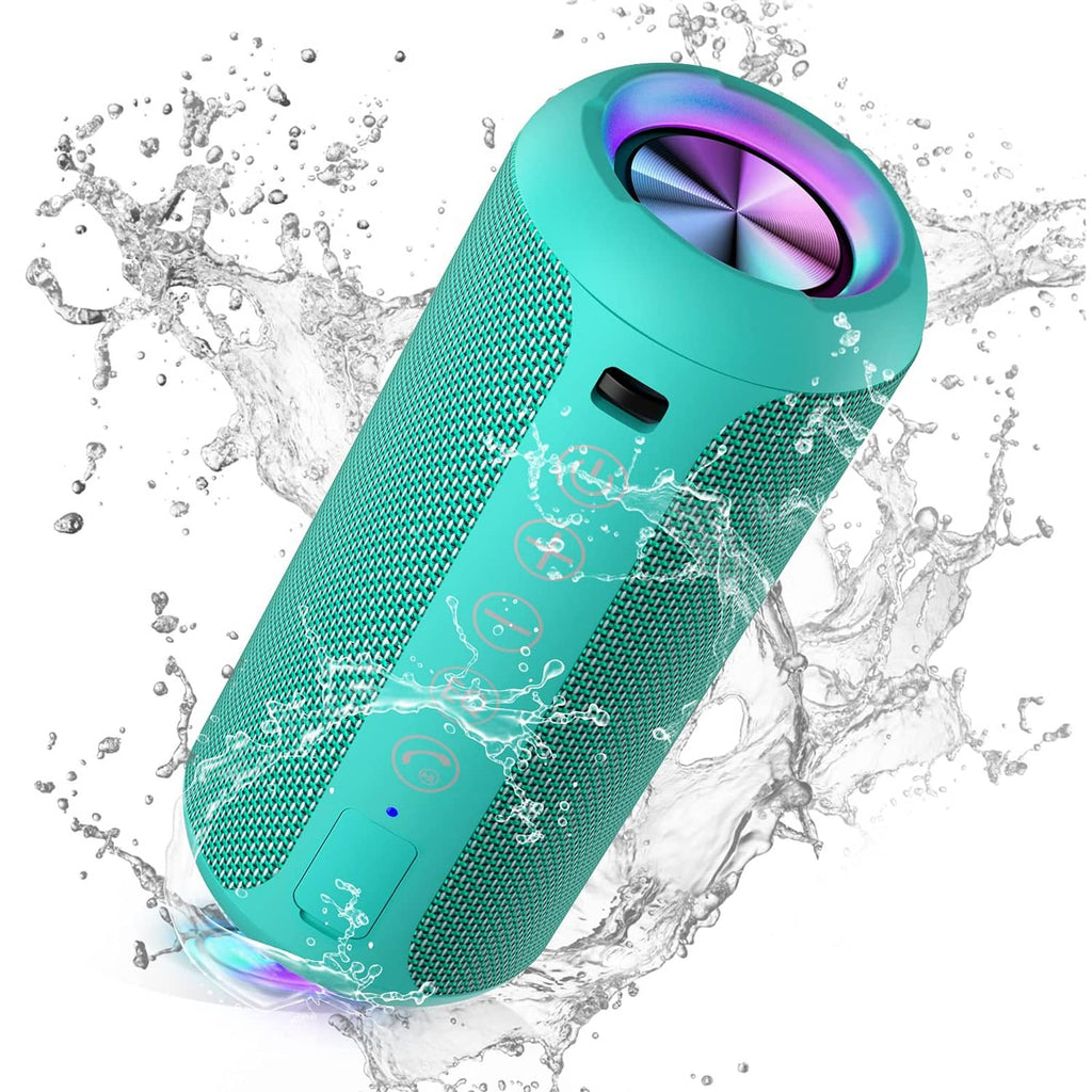 Teal portable Bluetooth speaker with mesh body, glowing light ring, and top speaker grille