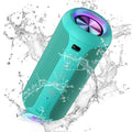 Teal portable Bluetooth speaker with mesh body, glowing light ring, and top speaker grille