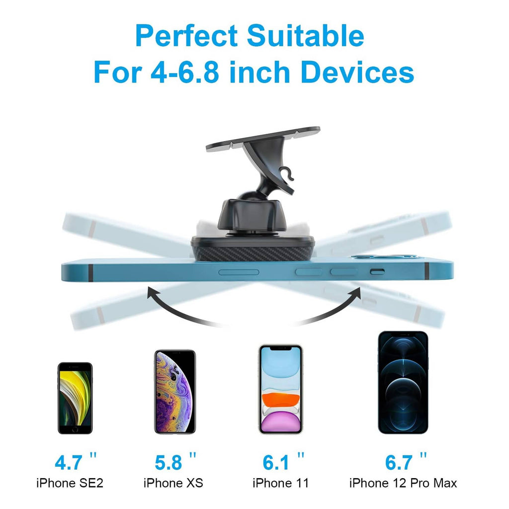 Black magnetic phone holder showing support for multiple device sizes