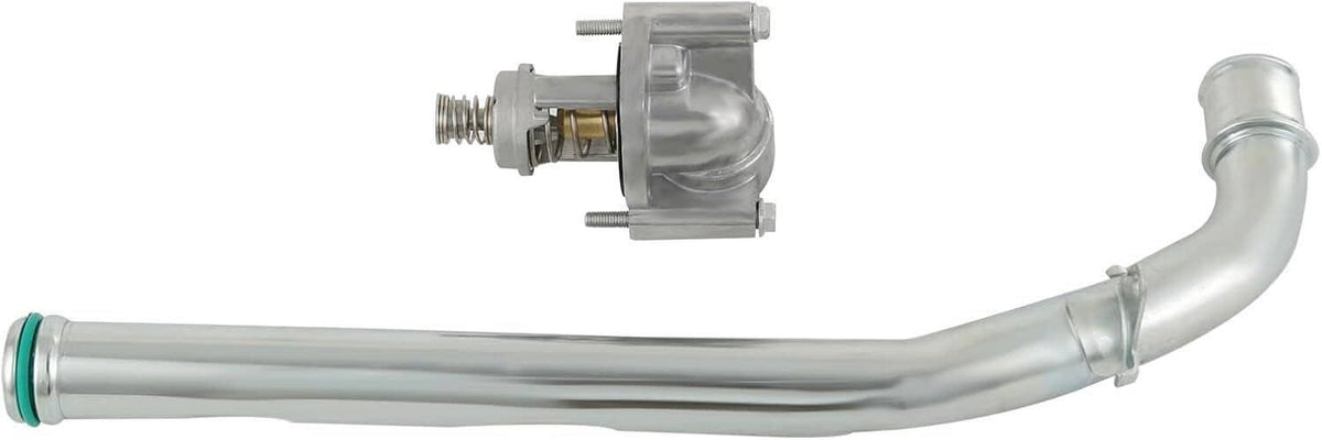 Thermostat coolant pipe with housing and thermostat valve, silver metal