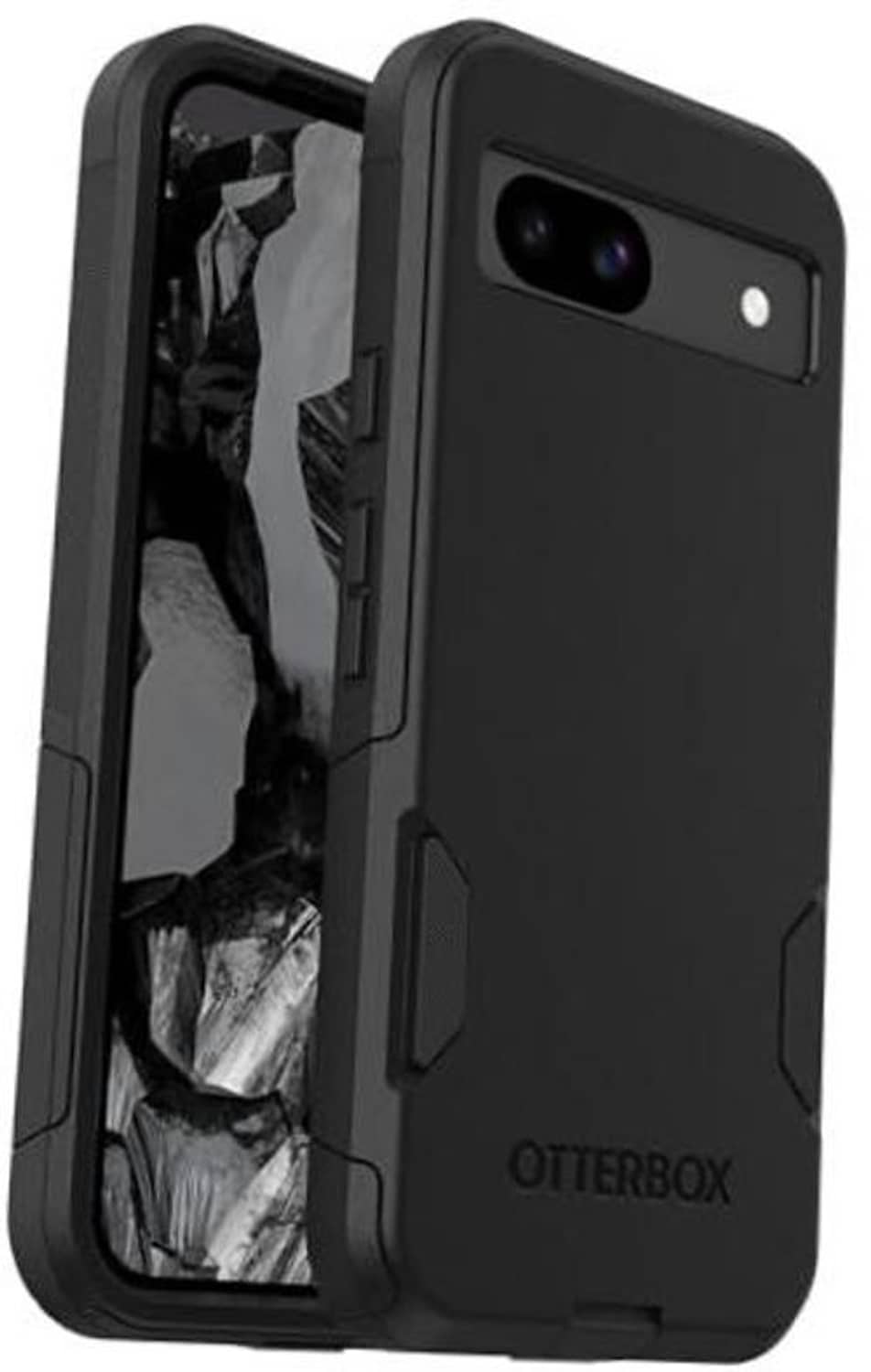 Google Pixel 8A OtterBox Commuter case, black slim dual-layer shell with camera cutout