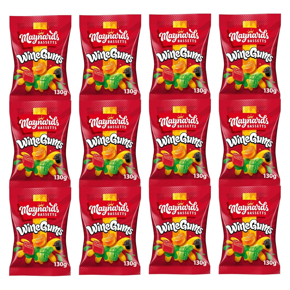 12-pack of WineGums 130g candy bags, red packaging with gummy fruit mix graphics.