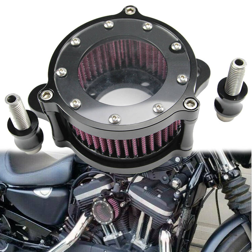 Air cleaner intake filter assembly with round pleated purple/red filter on black base