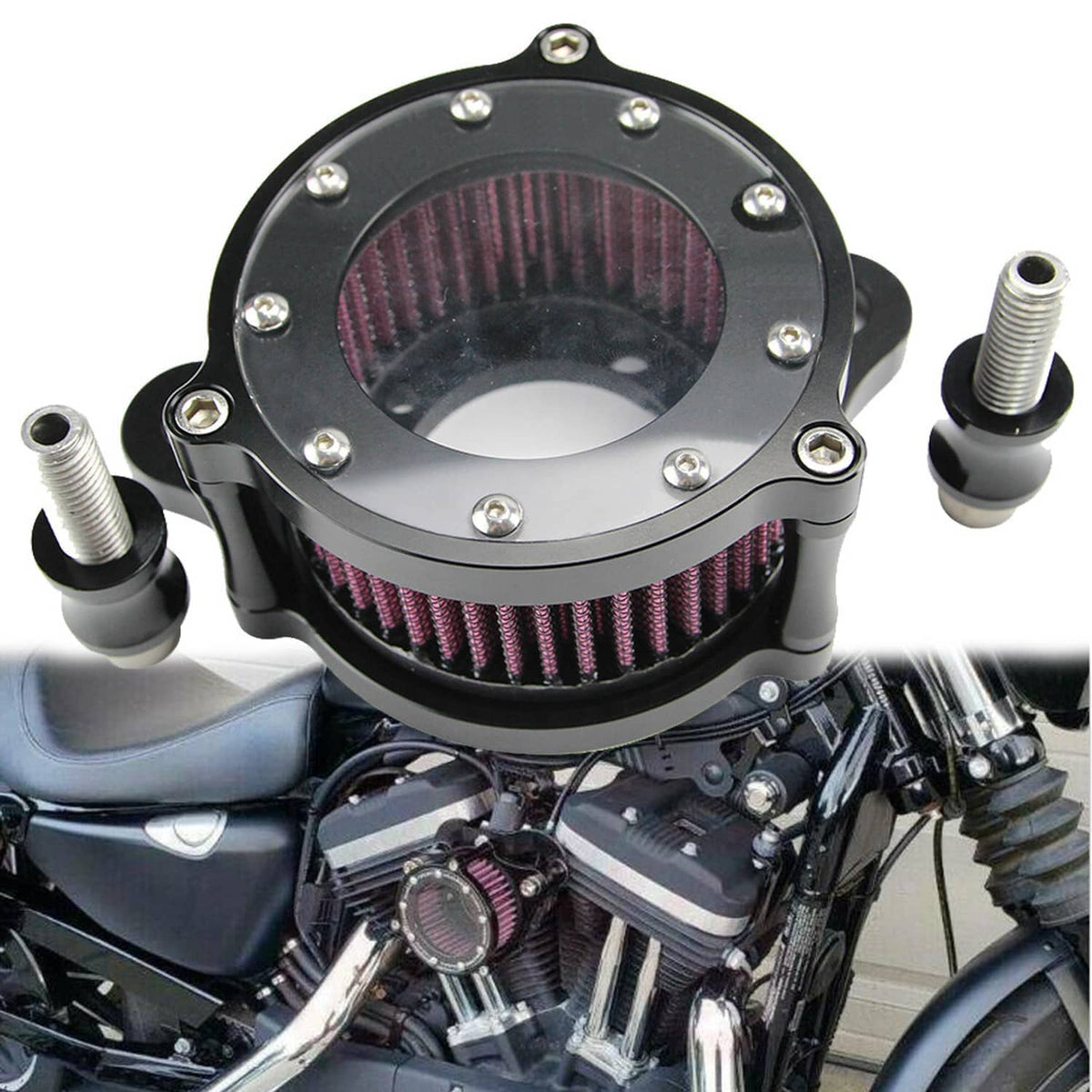Air cleaner intake filter assembly with round pleated purple/red filter on black base