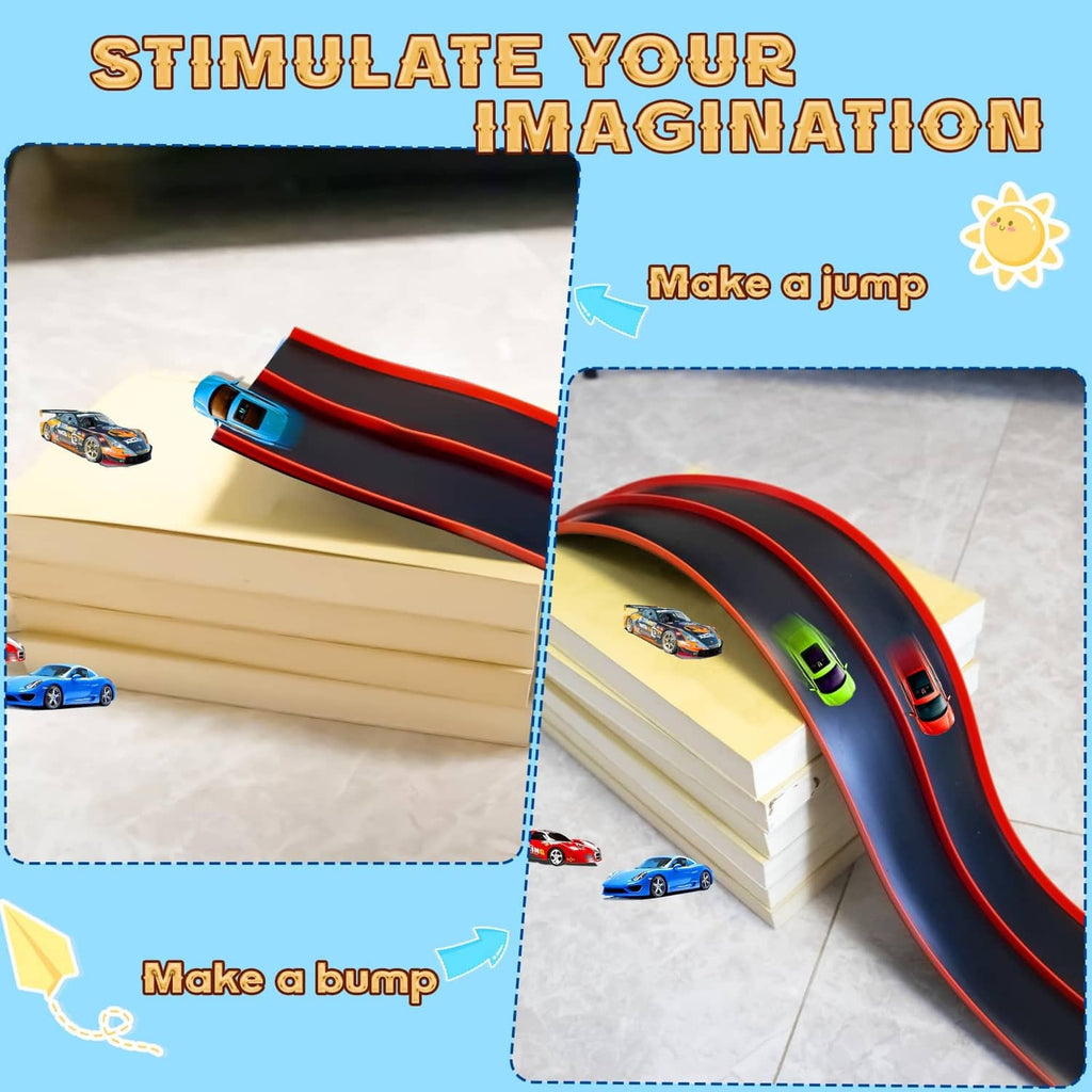 Black-and-red flexible car track ramp on blocks for toy car play