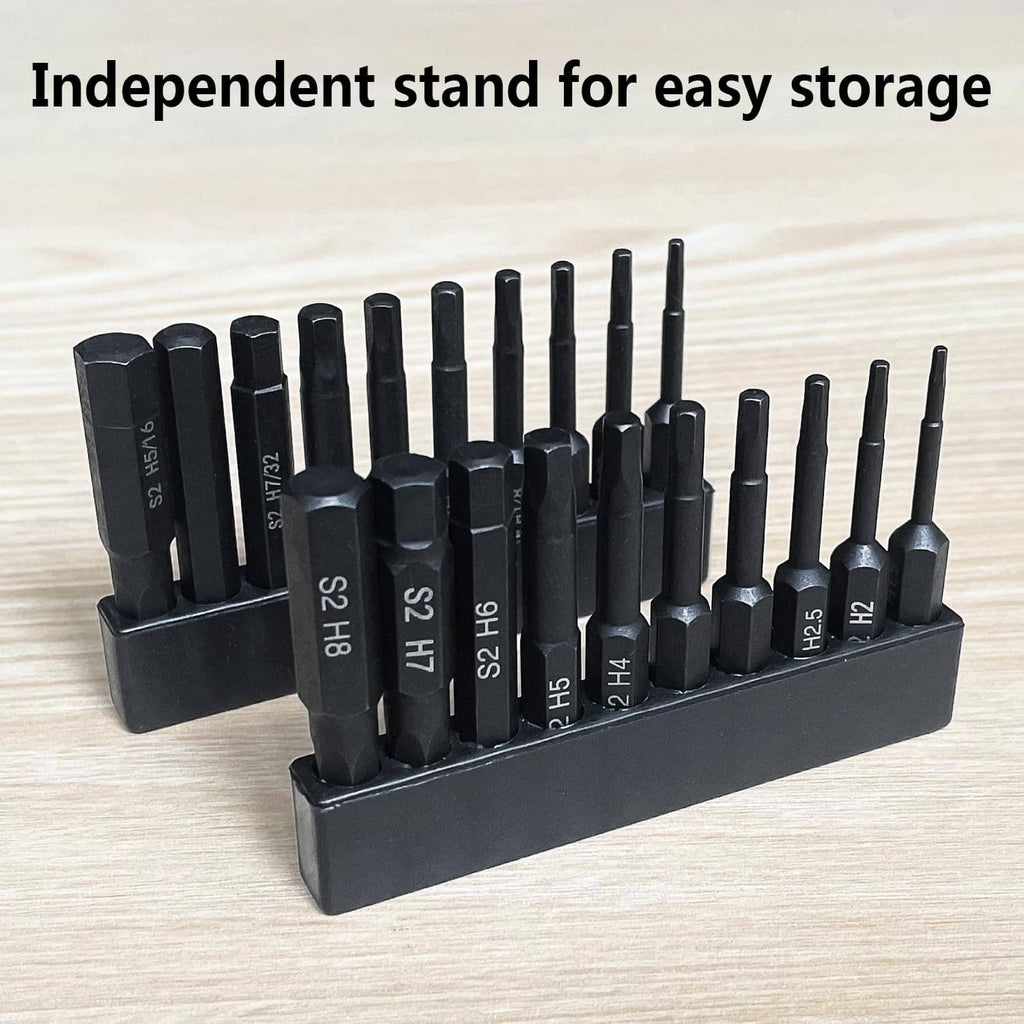 Hex-head Allen drill bit set in black stand with upright bits