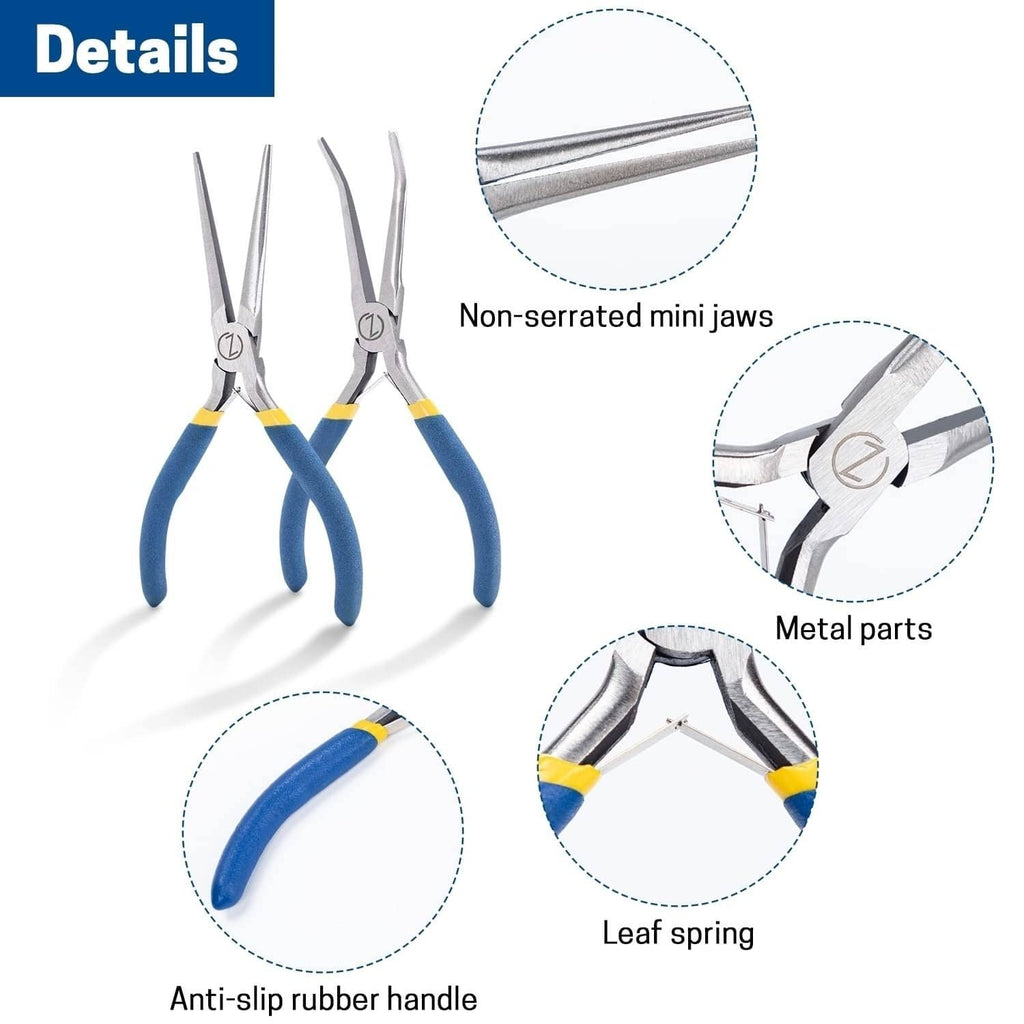 Non-serrated mini-jaw needle-nose pliers with anti-slip blue rubber handles, yellow bands