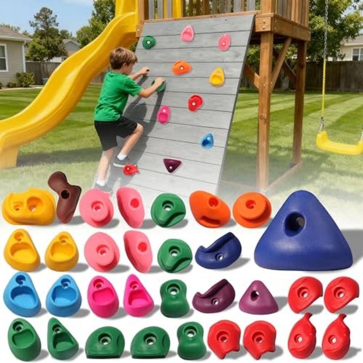 Multicolor plastic rock climbing holds for kids, large blue triangle grip included