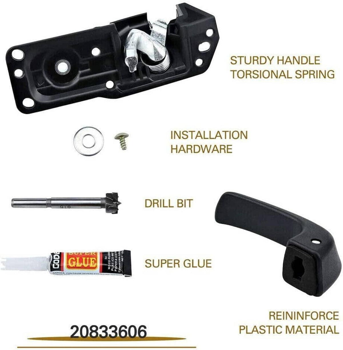 Black interior door handle repair kit with torsional spring, drill bit and super glue.