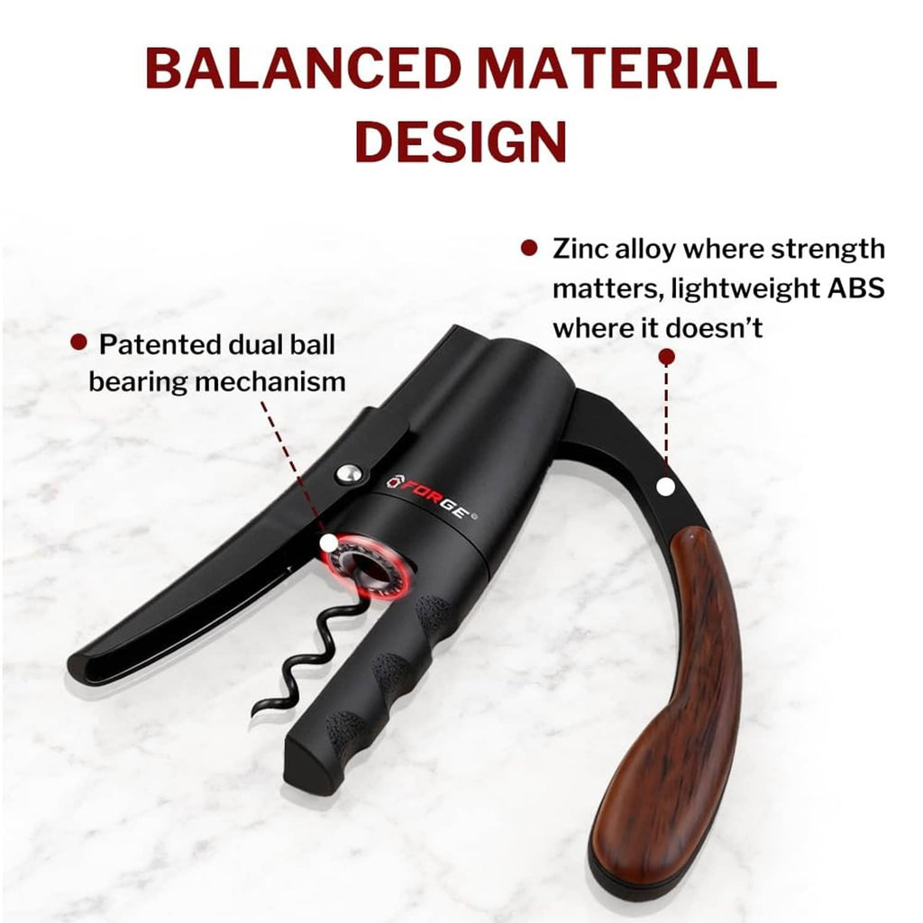 Black vertical wine opener with dual ball bearing corkscrew and wood handle