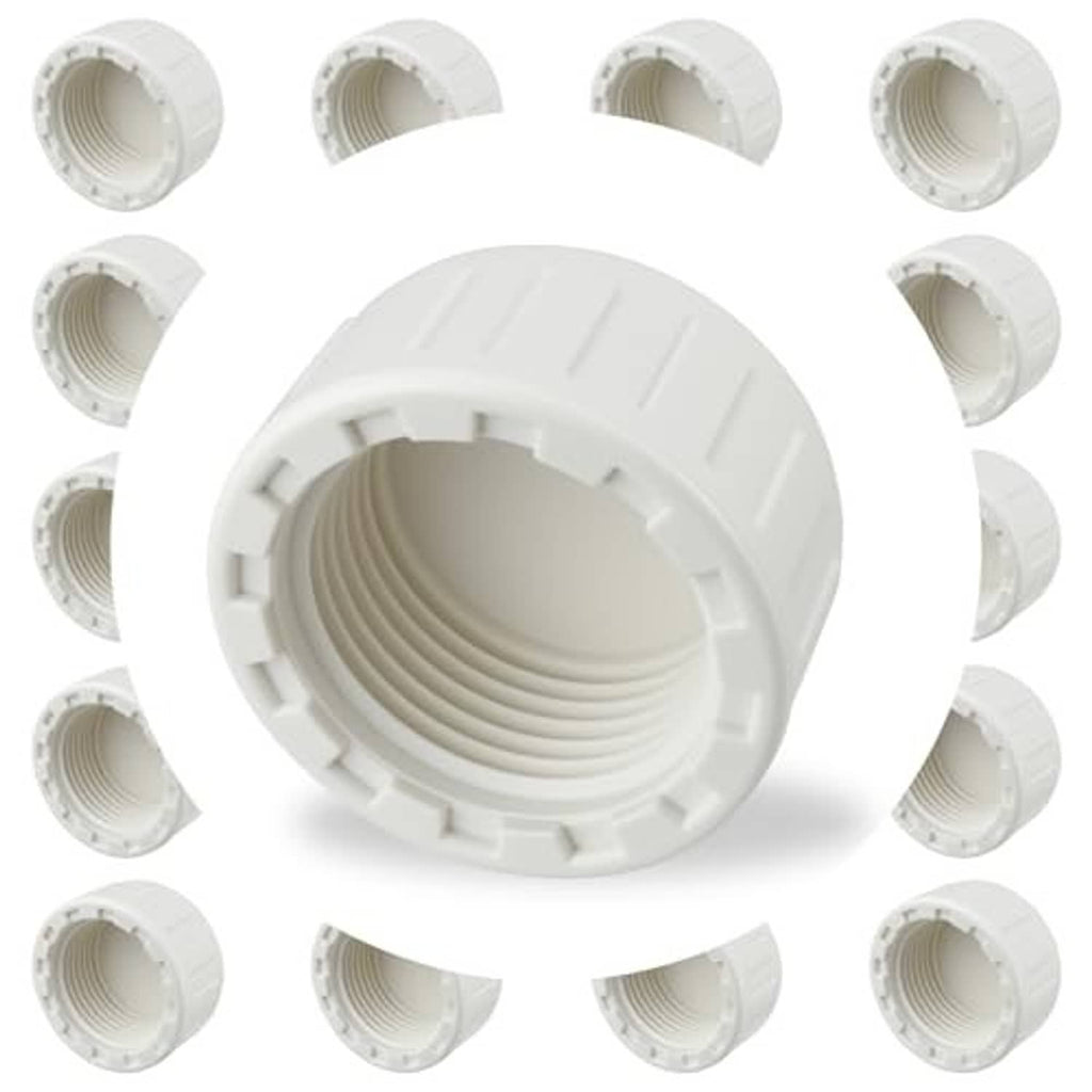 White PVC pipe end cap with female threaded opening and ridged grip exterior