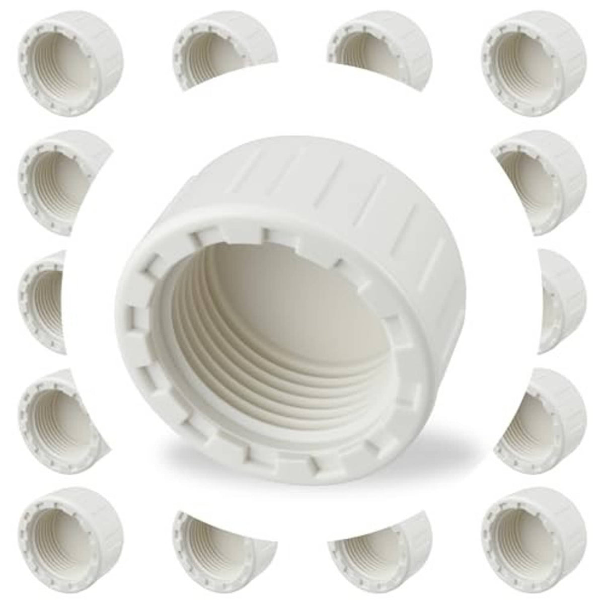White PVC pipe end cap with female threaded opening and ridged grip exterior