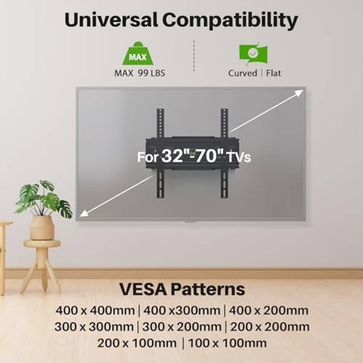 TV wall mount with VESA pattern compatibility diagram for 32–70 in TVs