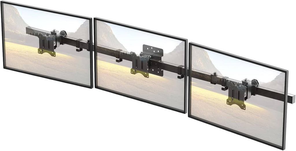 Triple monitor wall mount showing three flat screens with mount arms and wall plate