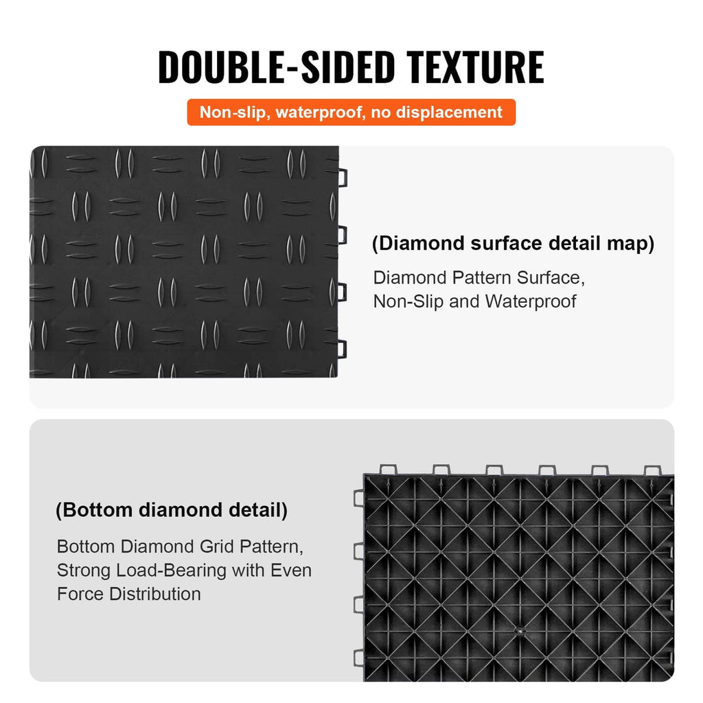 Double-sided black interlocking floor tile with diamond tread top and grid bottom