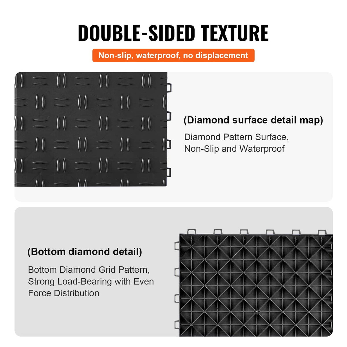 Double-sided black interlocking floor tile with diamond tread top and grid bottom