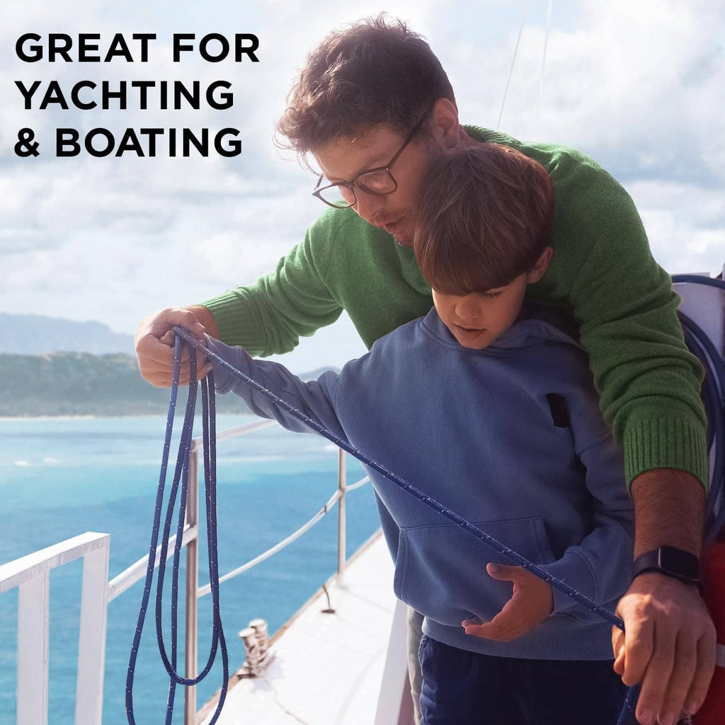 Black braided rope in use on a boat, held for tying