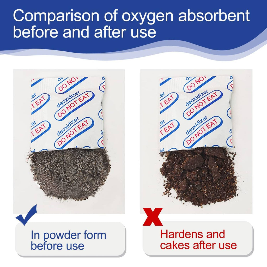 Oxygen absorber powder before and after use, hardened residue shown