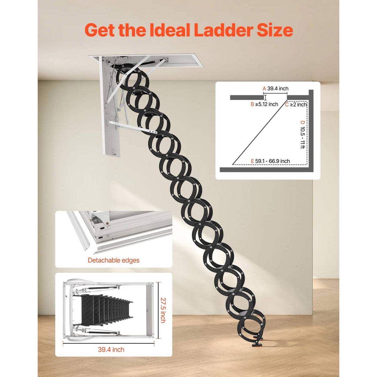 Ceiling attic stairs with folded black ladder and white square hatch frame