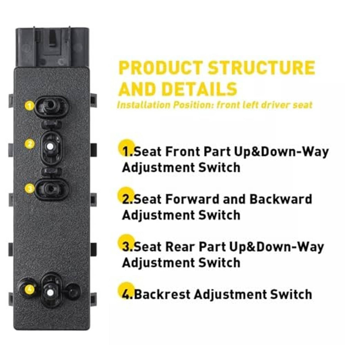 Back view of power seat switch module showing four control positions and mounting tabs