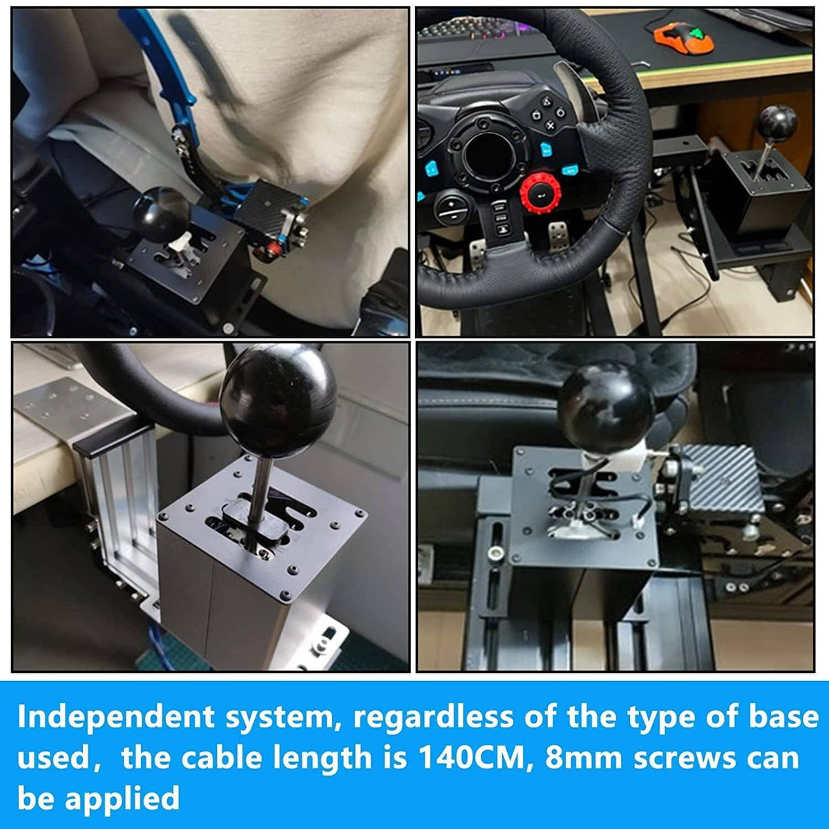 Mounted sim racing gear shifter with round knob, metal plate, and visible wiring