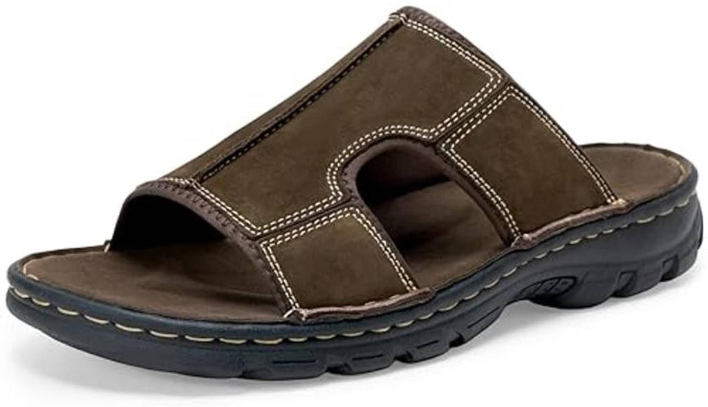 Men's dark brown leather slide sandals, open toe with stitched crossover strap and cushioned footbed