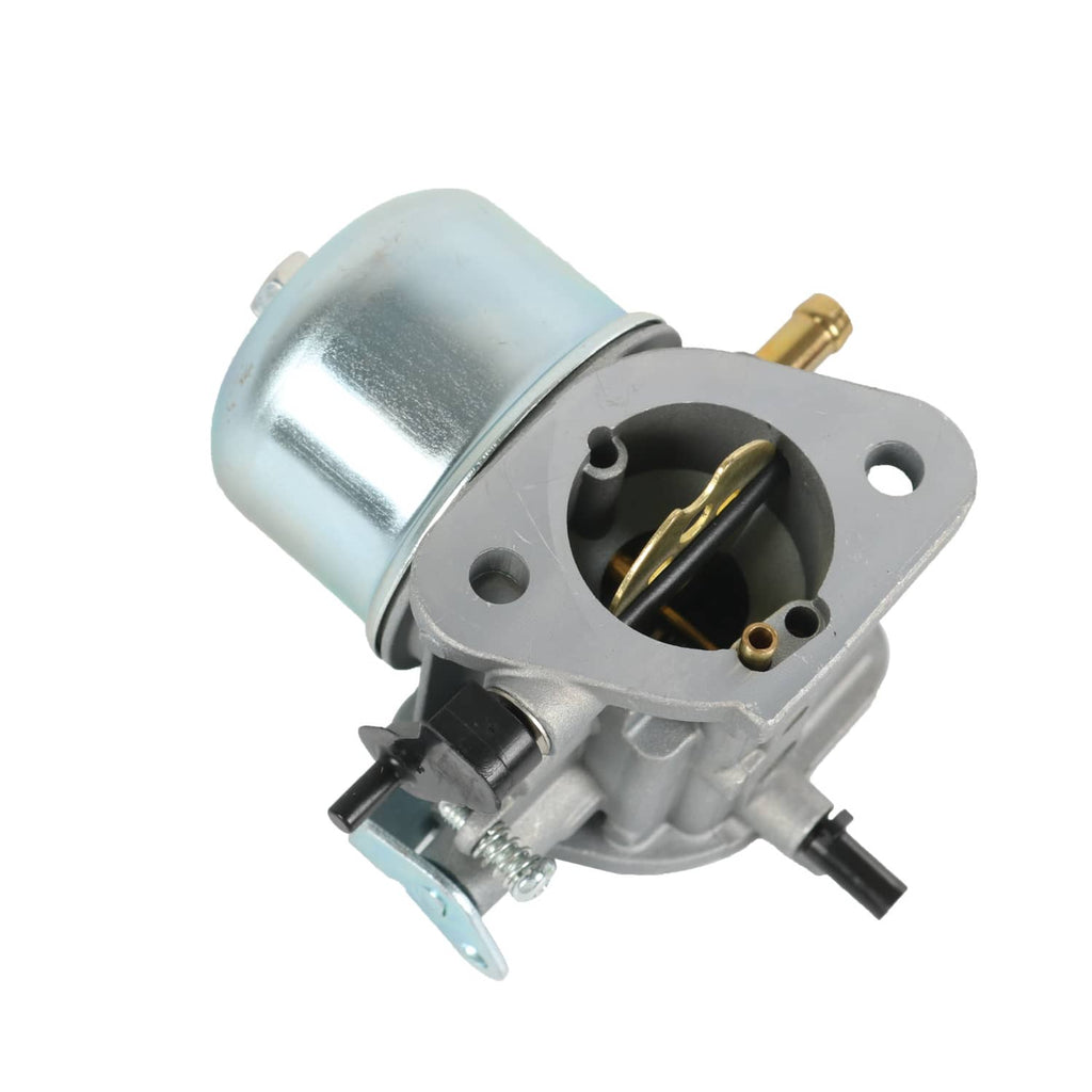 Carburetor assembly showing throttle housing, metal canister, and mounting plate