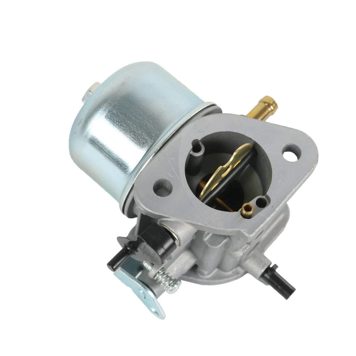Carburetor assembly showing throttle housing, metal canister, and mounting plate