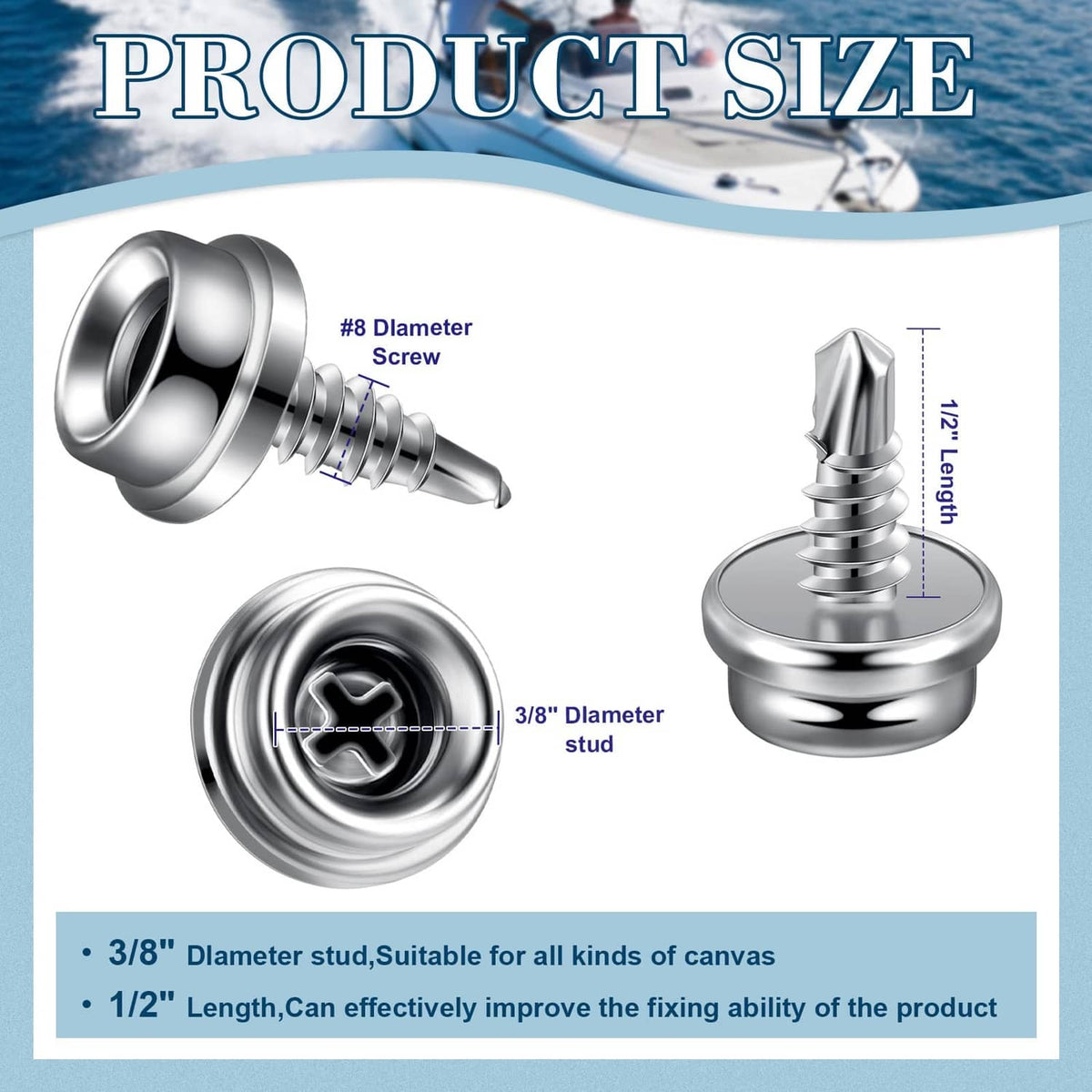 Stainless steel boat snap fastener with 3/8 in threaded stud and socket