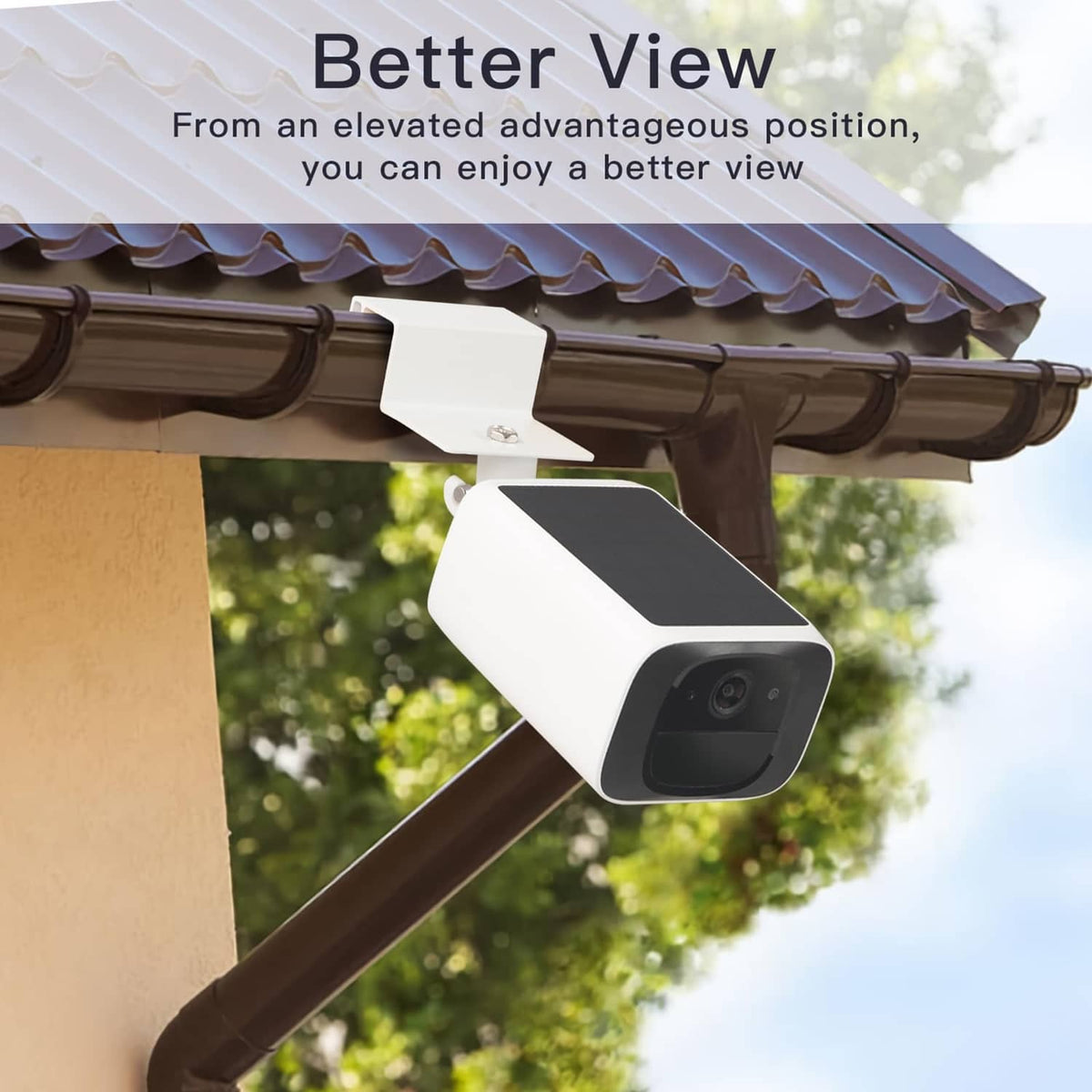 White gutter-mounted security camera bracket installed under a roof gutter