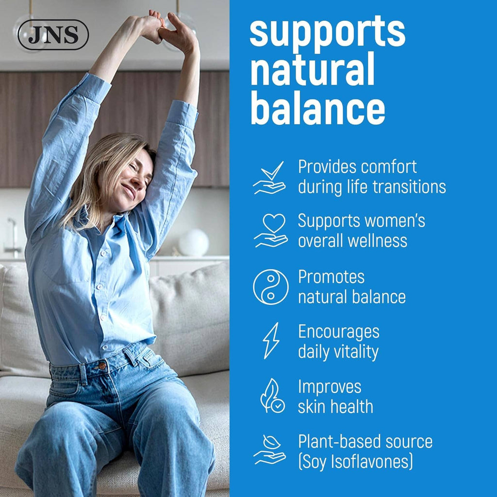 JNS balance cream concept with woman holding neck, supports natural balance icon text